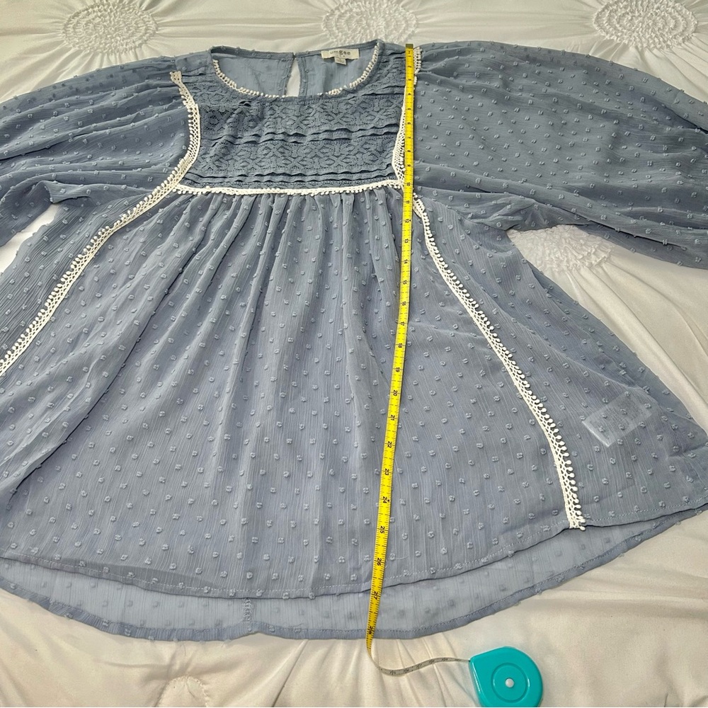 Umgee Blue Sheer Swiss Dot Lace Trim Balloon Sleeve Cottagecore Blouse Sz Medium - Picture 11 of 16